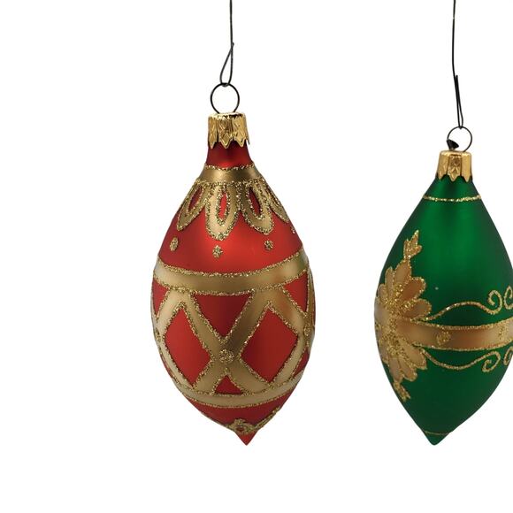 Vintage Dept 56 Teardrop Christmas Ornaments Green/Red & Mercury Glittered Gold - Picture 3 of 7